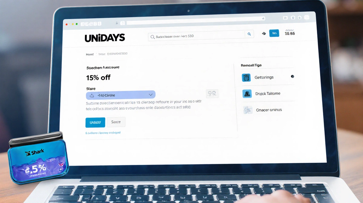 Student viewing UNiDAYS dashboard on laptop with 15% student discount offer visible and Shark branding