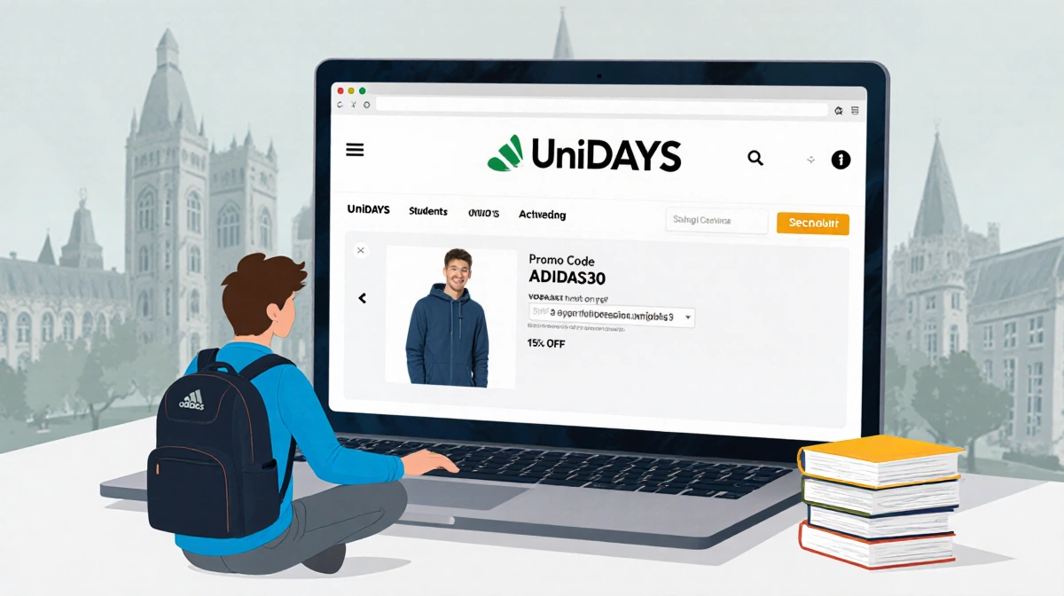 Student shopping on laptop with UNiDAYS screen showing ADIDAS30 code and 15% student discount