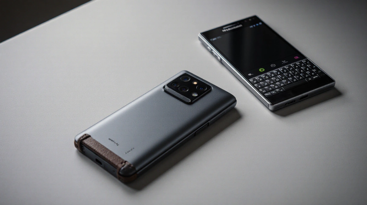 Unihertz Titan 2 Elite phone sits on desk with BlackBerry Passport behind and metallic finish showing elite design