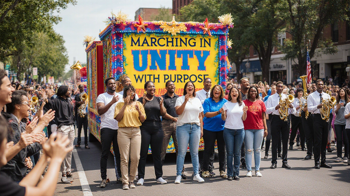 Diverse crowd marching together with colorful float reading Marching in Unity with Purpose and cheering spectators lining the
