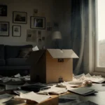 Unmarked box sits on floor with scattered papers and laptops showing disrupted living room