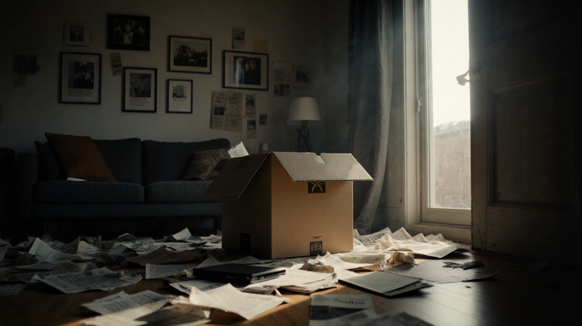 Unmarked box sits on floor with scattered papers and laptops showing disrupted living room