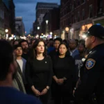 City councilor speaks with concerned residents at dusk while police officer stands guard behind the crowd