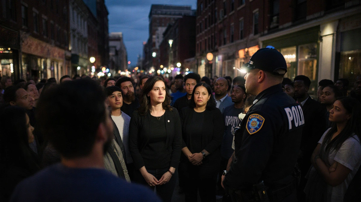 City councilor speaks with concerned residents at dusk while police officer stands guard behind the crowd