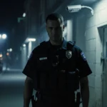 Lone figure stands before unmarked building with surveillance cameras and city streets behind showing uncertainty
