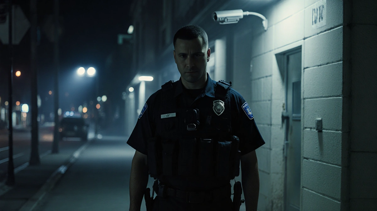 Lone figure stands before unmarked building with surveillance cameras and city streets behind showing uncertainty