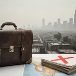 Worn briefcase sits on city map with red X marking polluted industrial skyline and hazy smog