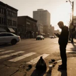 Lone pedestrian checking phone near Loop 12 crosswalk with dawn light casting shadows over cracked pavement