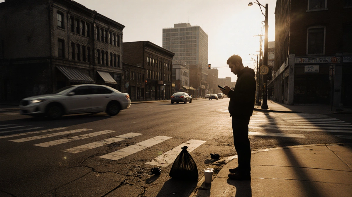 Lone pedestrian checking phone near Loop 12 crosswalk with dawn light casting shadows over cracked pavement