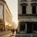Luxury mall glows beside abandoned storefront with shoppers and shadows showing wealth gap
