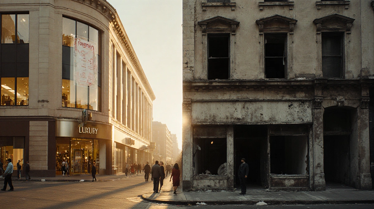Luxury mall glows beside abandoned storefront with shoppers and shadows showing wealth gap