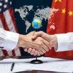 US and Chinese officials shaking hands over small globe with cooperation papers and flags in background