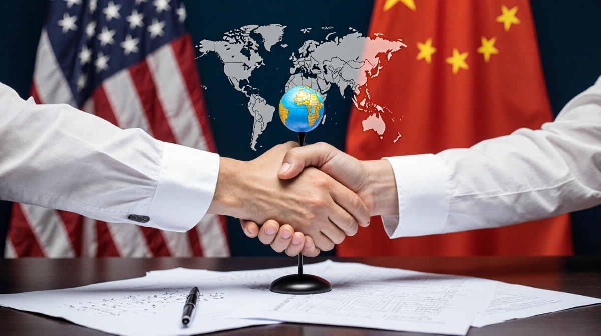 US and Chinese officials shaking hands over small globe with cooperation papers and flags in background