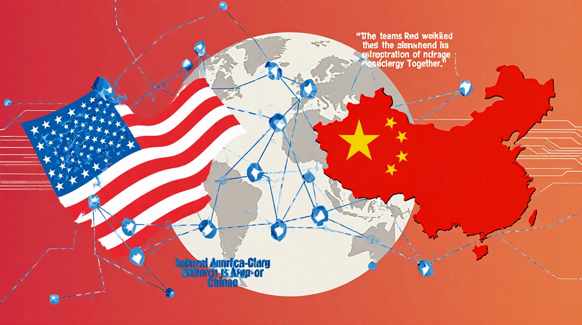Two interconnected nodes weave arrows between US and China flags with globe showing global cooperation