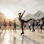 U.S. figure skaters training on ice with Alpine sunset and mountains behind