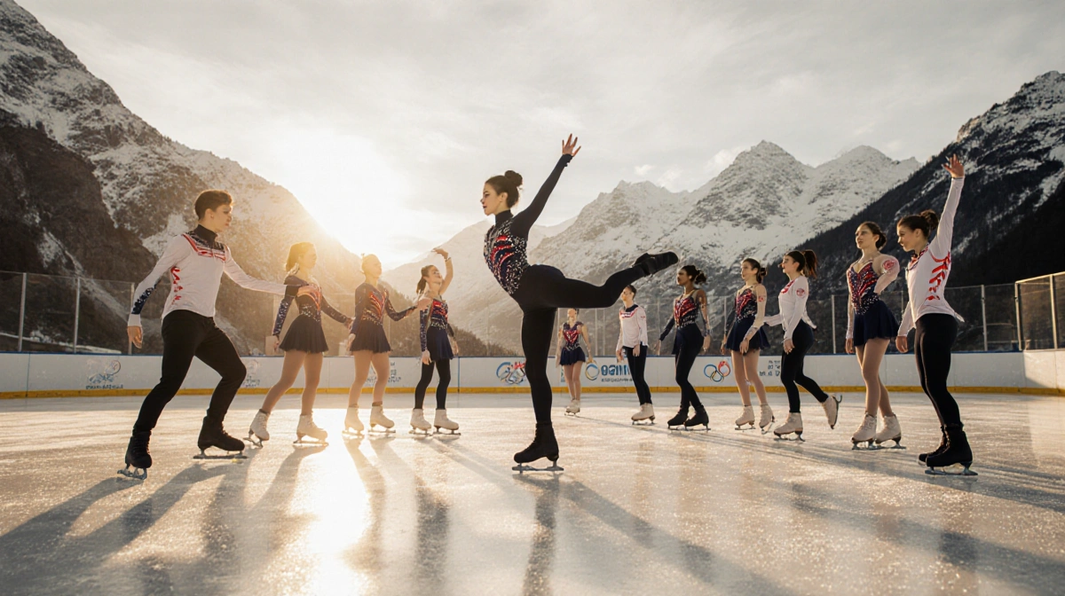 U.S. figure skaters training on ice with Alpine sunset and mountains behind