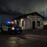 Border Patrol vehicle parked at dusk with a rundown ICE office and dark storm cloud looming over cracked pavement