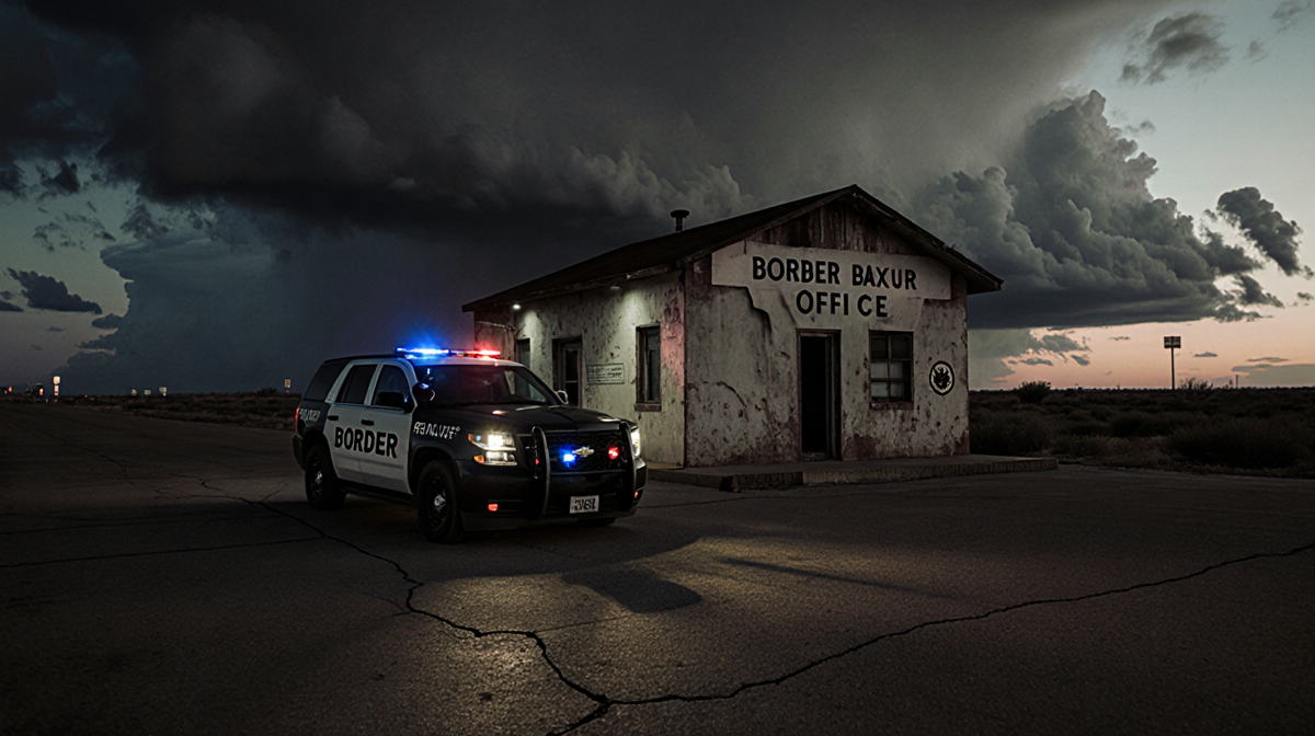 Border Patrol vehicle parked at dusk with a rundown ICE office and dark storm cloud looming over cracked pavement