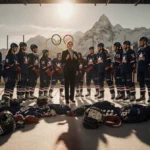 Hilary Knight leads ice hockey teammates with a fierce gesture and golden glow illuminating snow‑capped mountains behind.