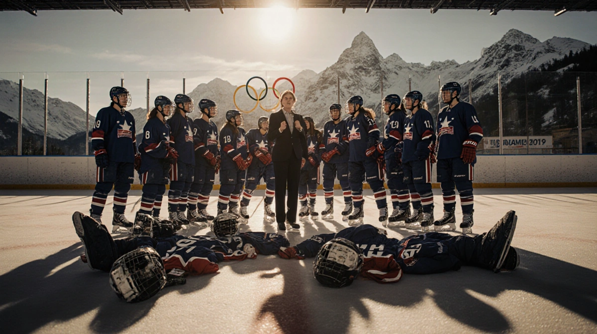 Hilary Knight leads ice hockey teammates with a fierce gesture and golden glow illuminating snow‑capped mountains behind.