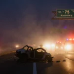 Crushed vehicle lying across northbound lanes with emergency lights glowing on asphalt