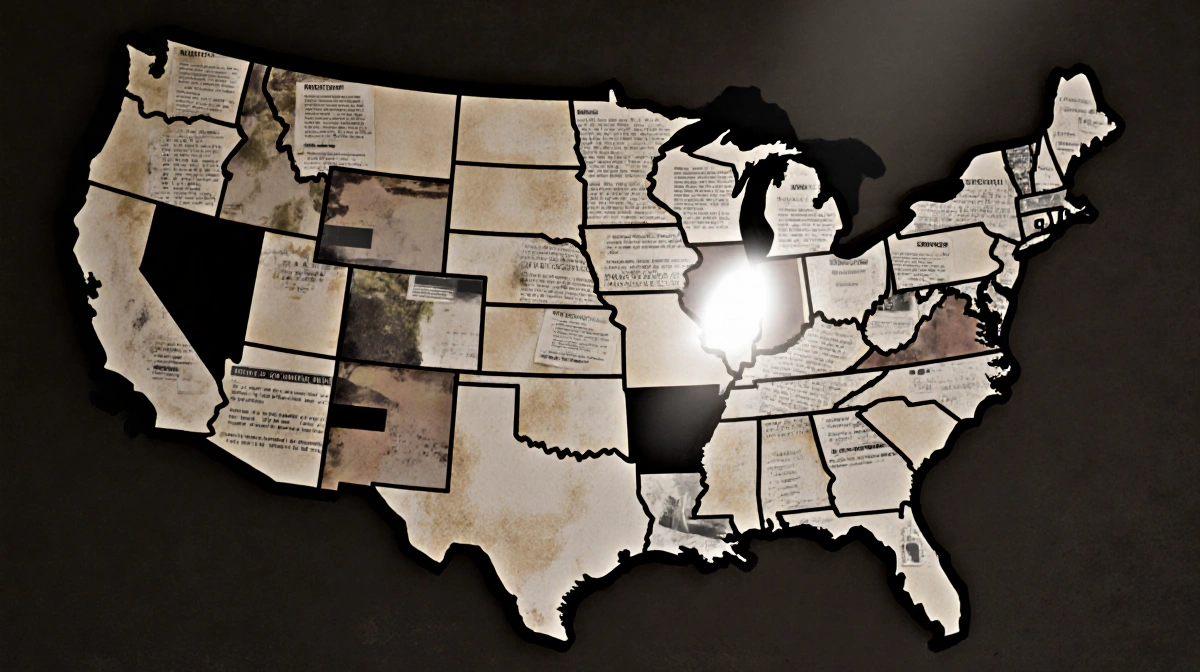 Fragmented US map puzzle reveals intelligence gaps with redacted documents and glowing spotlight on missing piece