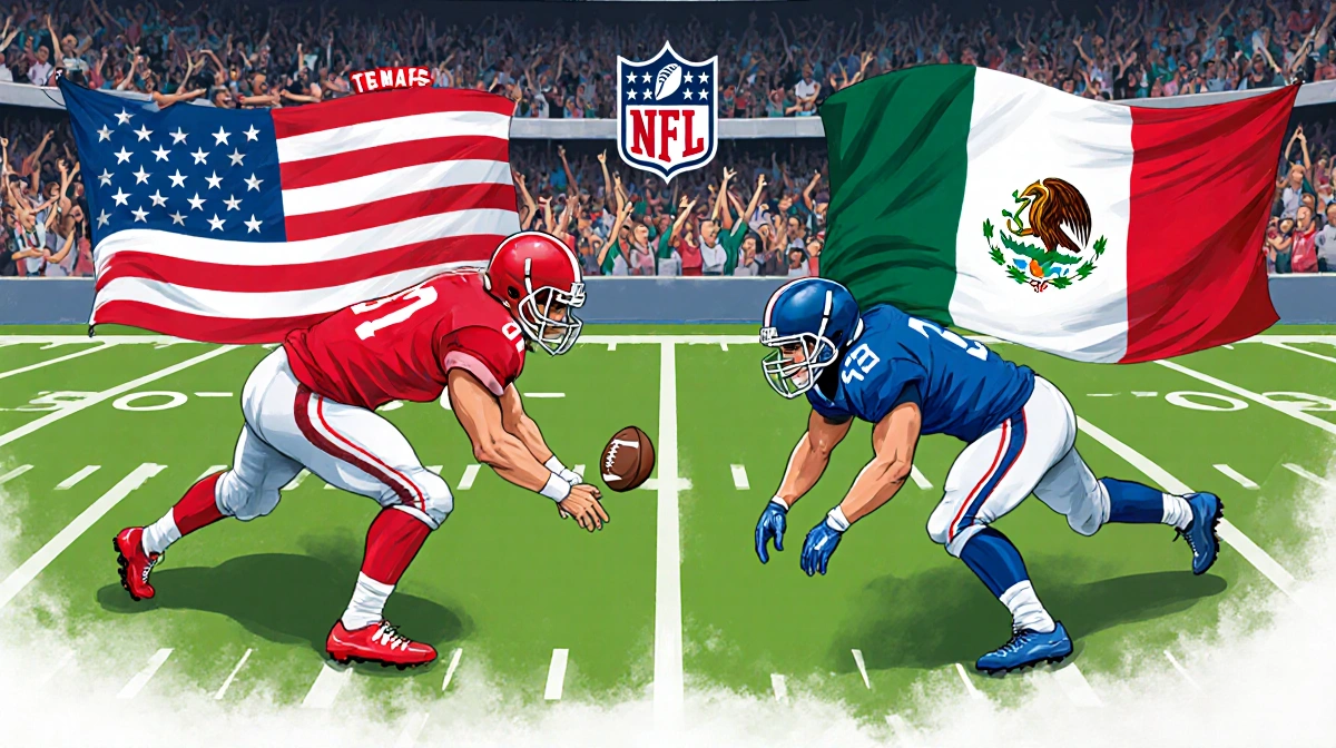 USA and Mexico flag football teams compete on field with players in red and blue jerseys and stadium crowd cheering