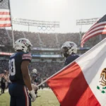 USA and Mexico flag football players face off with flags raised and intertwined flags showing unity