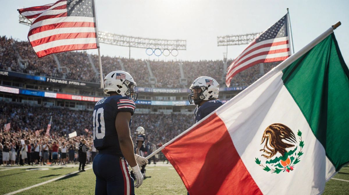 USA and Mexico flag football players face off with flags raised and intertwined flags showing unity
