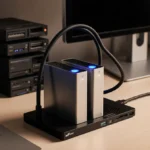 External hard drives connect to laptop with USB4 cable and Thunderbolt hub showing organized storage setup