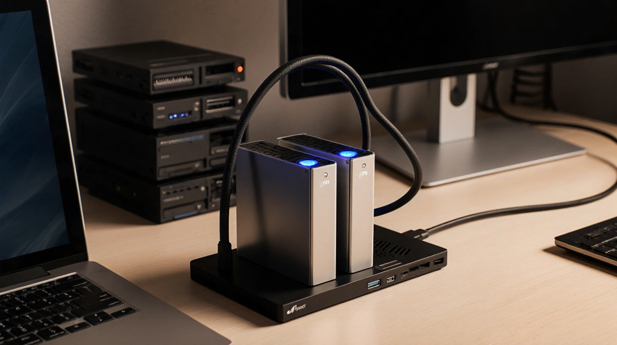 External hard drives connect to laptop with USB4 cable and Thunderbolt hub showing organized storage setup