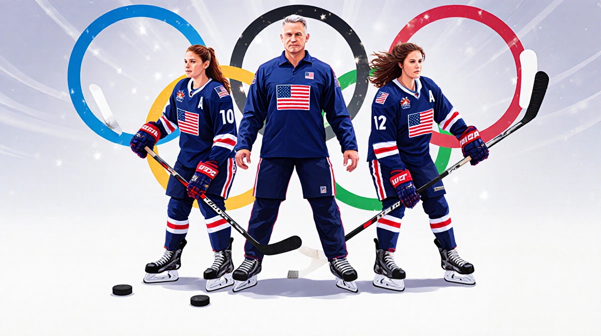 Hilary Knight Kendall Coyne Schofield and Laila Edwards pose with sticks and pucks on ice with coach and Olympic logo backdro