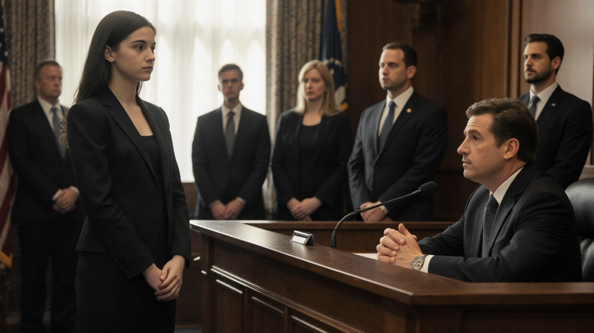 Young woman standing before judge with courtroom and legal team in background