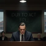 Jury foreman deliberating under spotlight with Duty to Act chalkboard and school visible through window