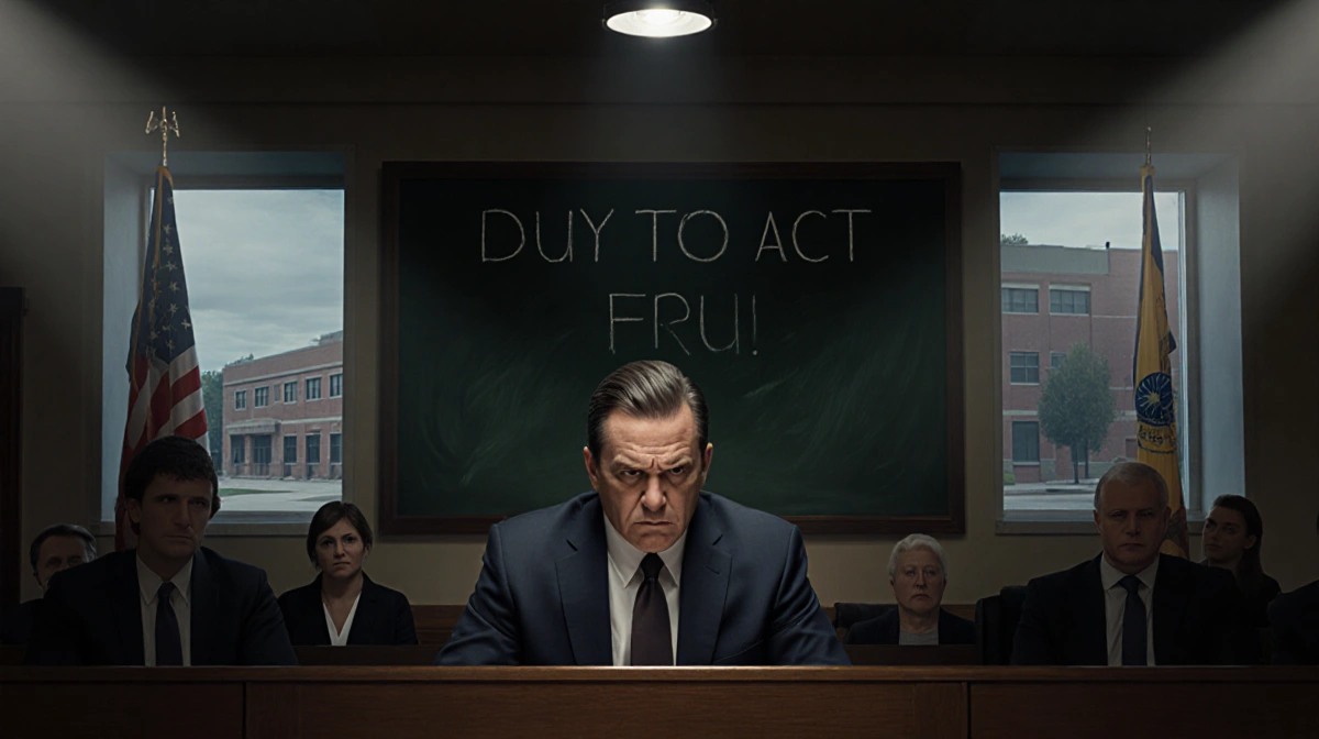 Jury foreman deliberating under spotlight with Duty to Act chalkboard and school visible through window