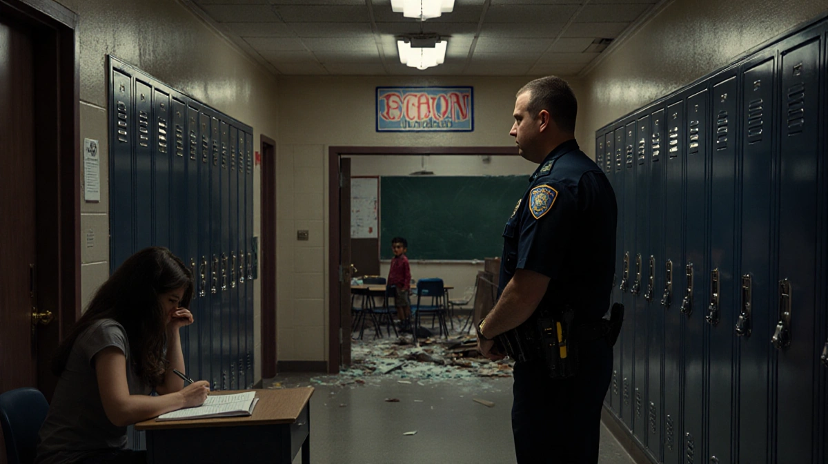 Police officer stands in empty school hallway with flickering light overhead and classroom door showing chaos inside