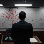 Adrian Gonzales standing at a podium in courtroom with map of Uvalde High School and digital clock showing three minutes