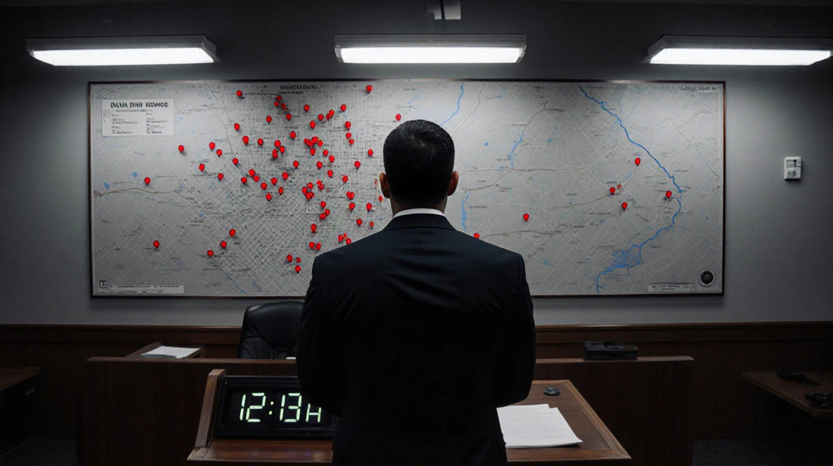 Adrian Gonzales standing at a podium in courtroom with map of Uvalde High School and digital clock showing three minutes