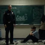 Officer stands near chalkboard with Uvalde notes and child