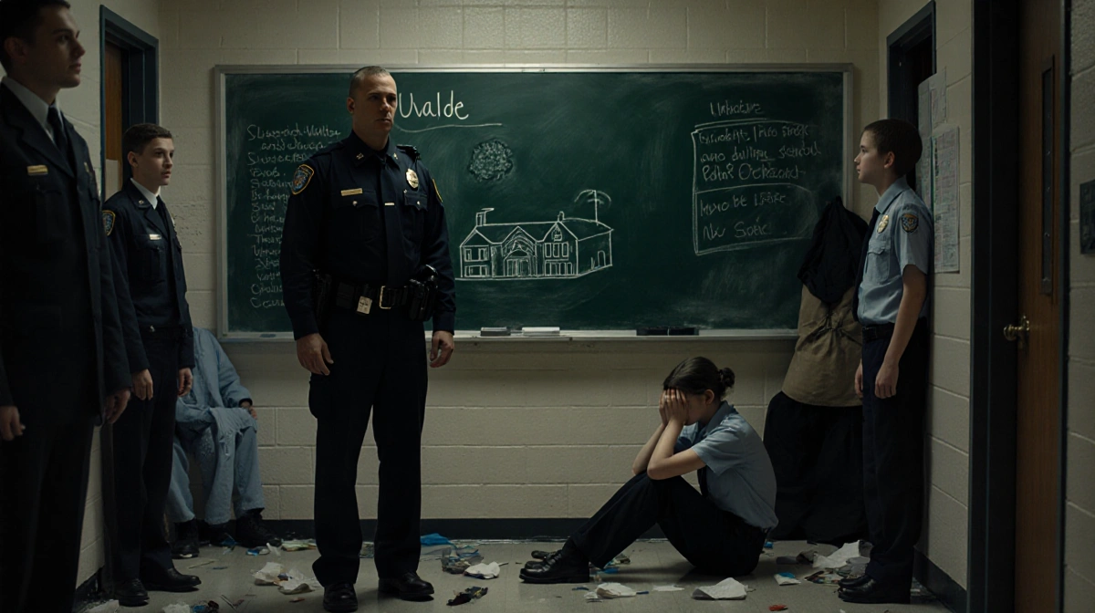 Officer stands near chalkboard with Uvalde notes and child