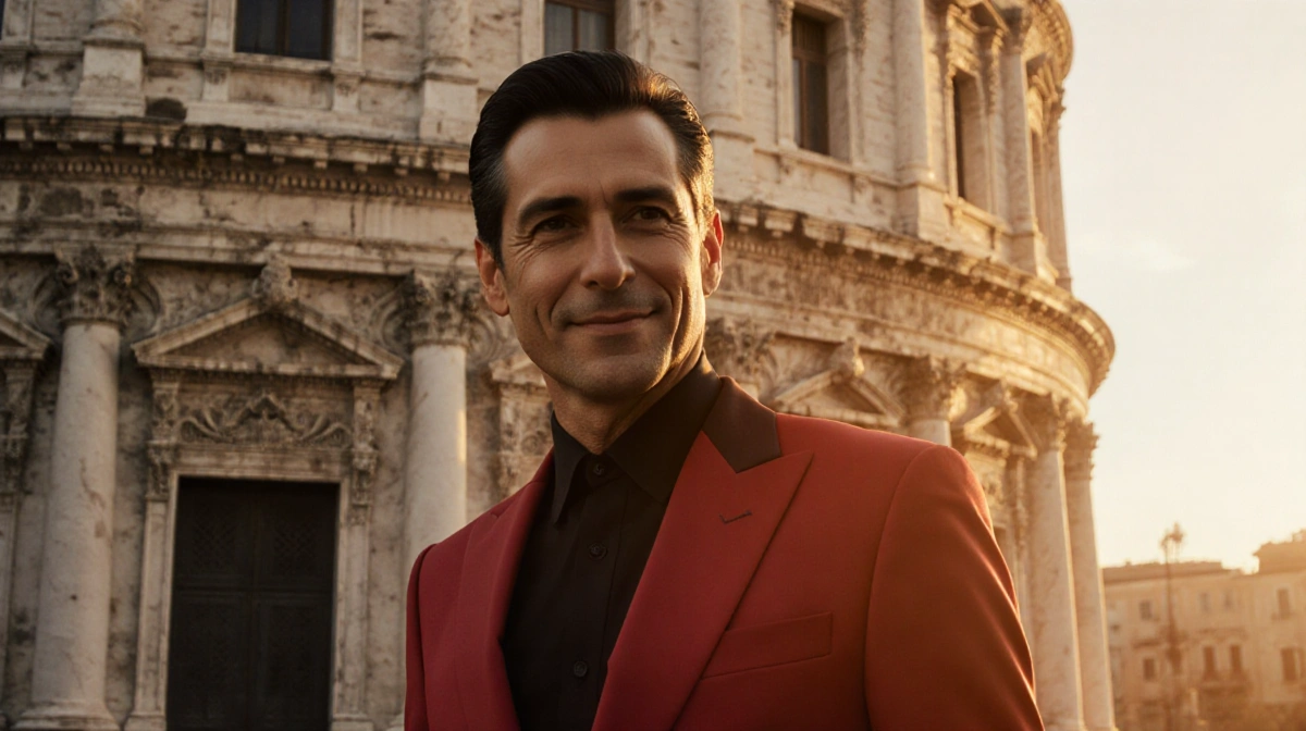 Valentino Garavani stands in red suit with Roman villa behind him and sunset glow on his face