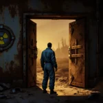 Vault 33 dweller stands before the rusted vault entrance with golden light and broken Pip-Boy nearby