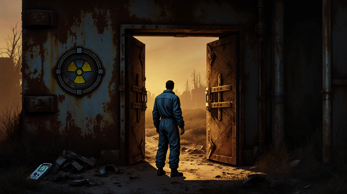 Vault 33 dweller stands before the rusted vault entrance with golden light and broken Pip-Boy nearby