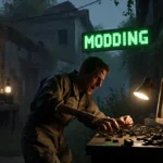 Wasteland survivor modding weapons at cluttered workbench with glowing sign and scattered tools