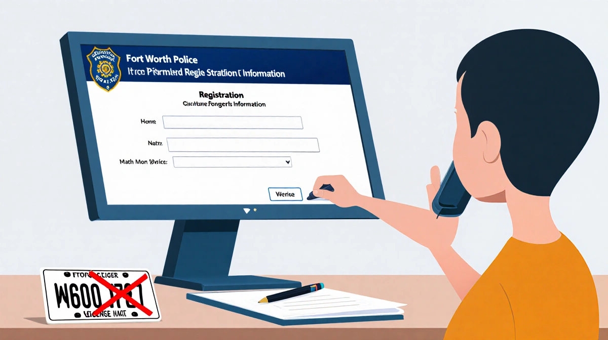 Person sits at desk with computer screen showing vehicle registration while a police badge and a stolen license plate with a