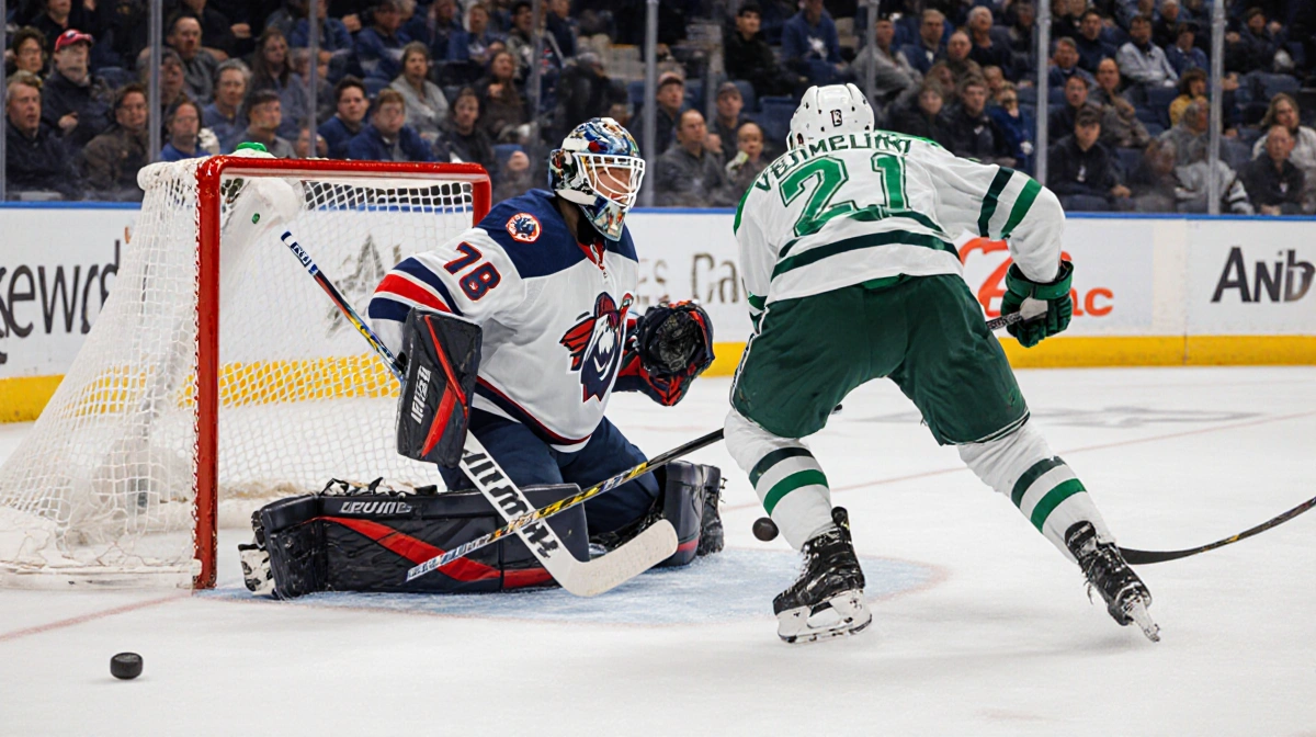 Utah Mammoth goalie Karel Vejmelka making save with puck heading toward him and Dallas Stars player in background