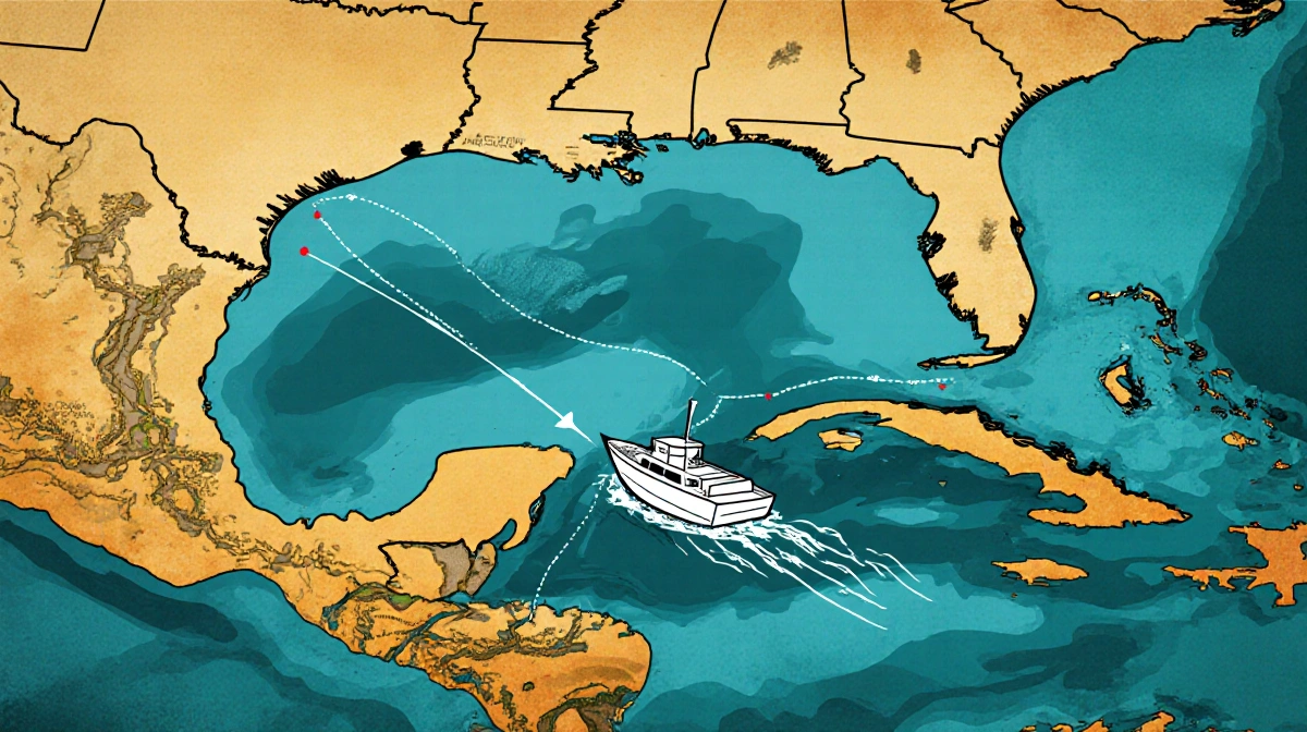 Small boat sailing across Caribbean Sea with map highlighting smuggling routes from Venezuela to the U.S.