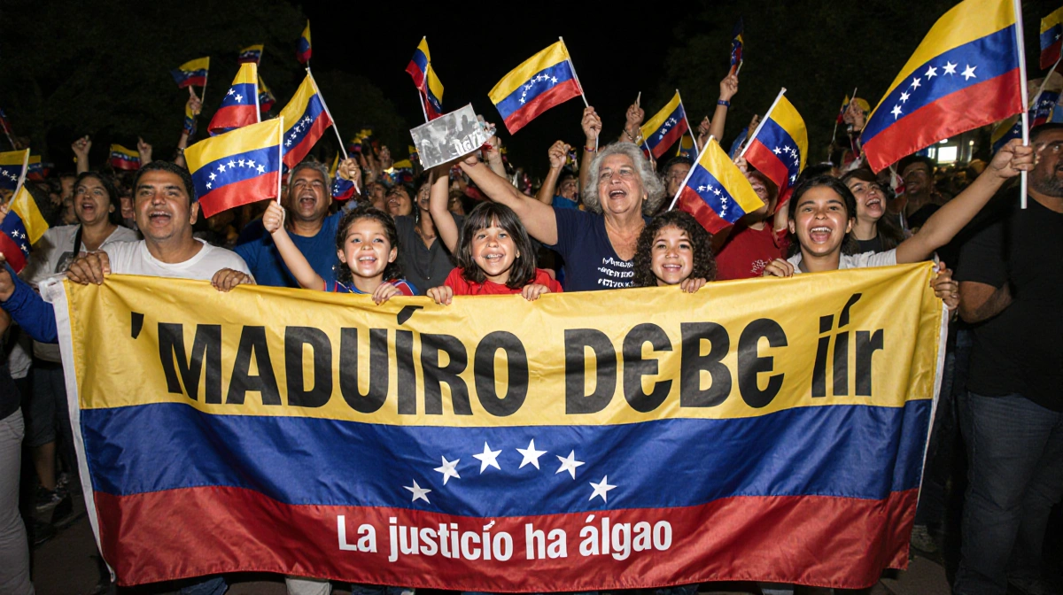 Venezuelan supporters cheer and dance with flags and a banner reading Maduro debe ir.