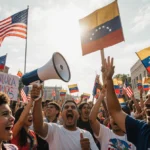 Venezuelan protesters cheer with megaphones and handmade signs near bright American flags in Addison