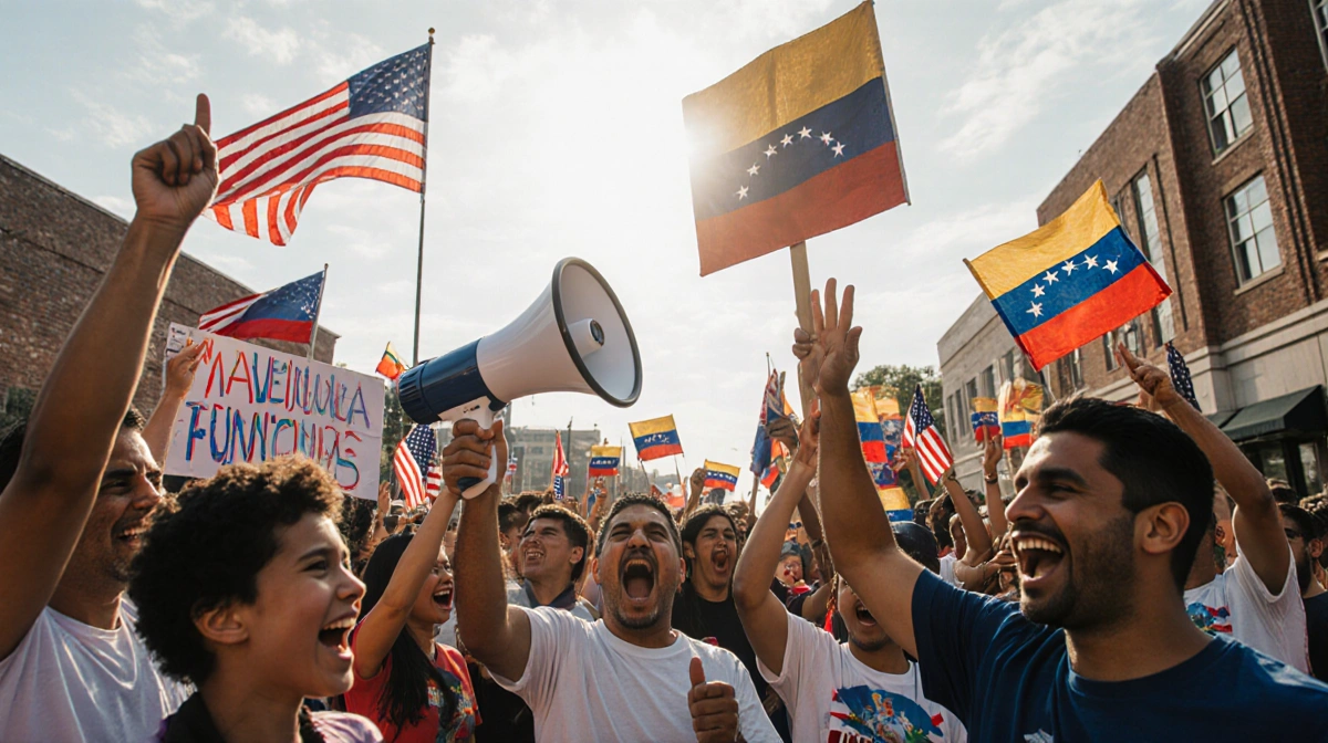 Venezuelan protesters cheer with megaphones and handmade signs near bright American flags in Addison